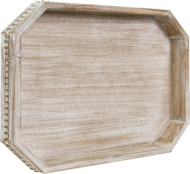 CEDARLUX Wooden Decorative Tray, Rustic Serving Tray with Wood Bead, Farmhouse Big Tray for Ottoman, Countertop, Coffee Tabl, 16.5" x 13"x 1.6" (White Washed) - Image 1
